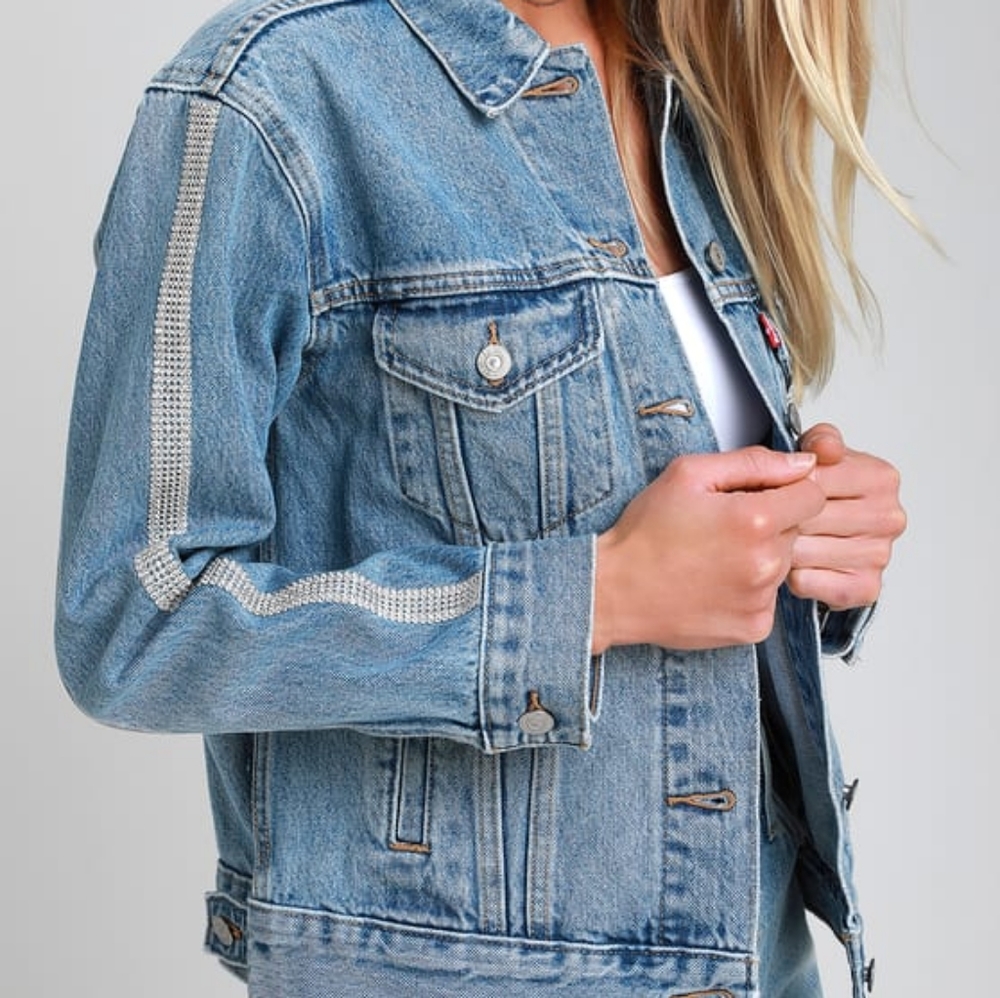 NWOT Ex Boyfriend Trucker Rhinestone Denim Jacket